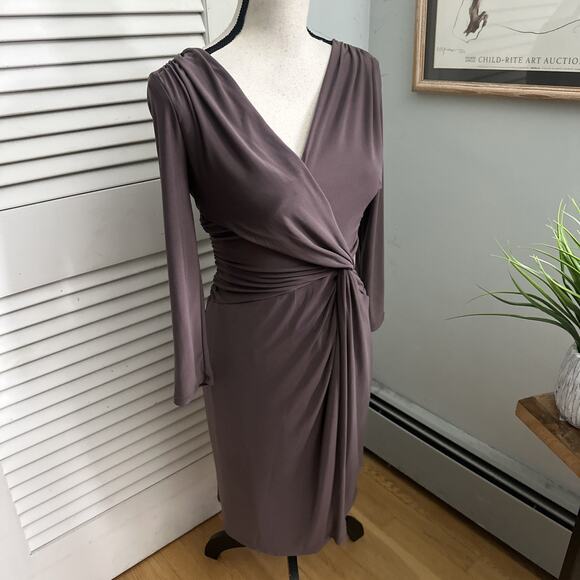 LAUREN RALPH LAUREN Dress Womens 2 Taupe Brown Faux Wrap Sheath Cocktail Evening - Picture 3 of 10